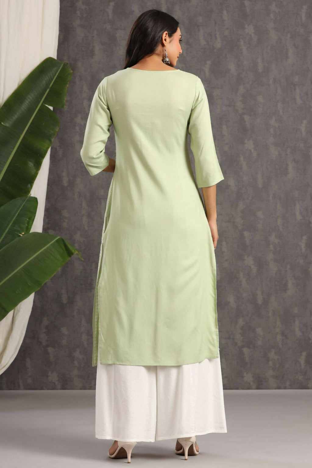 Juniper Women Lightolive Rayon Embroidered Straight Kurta