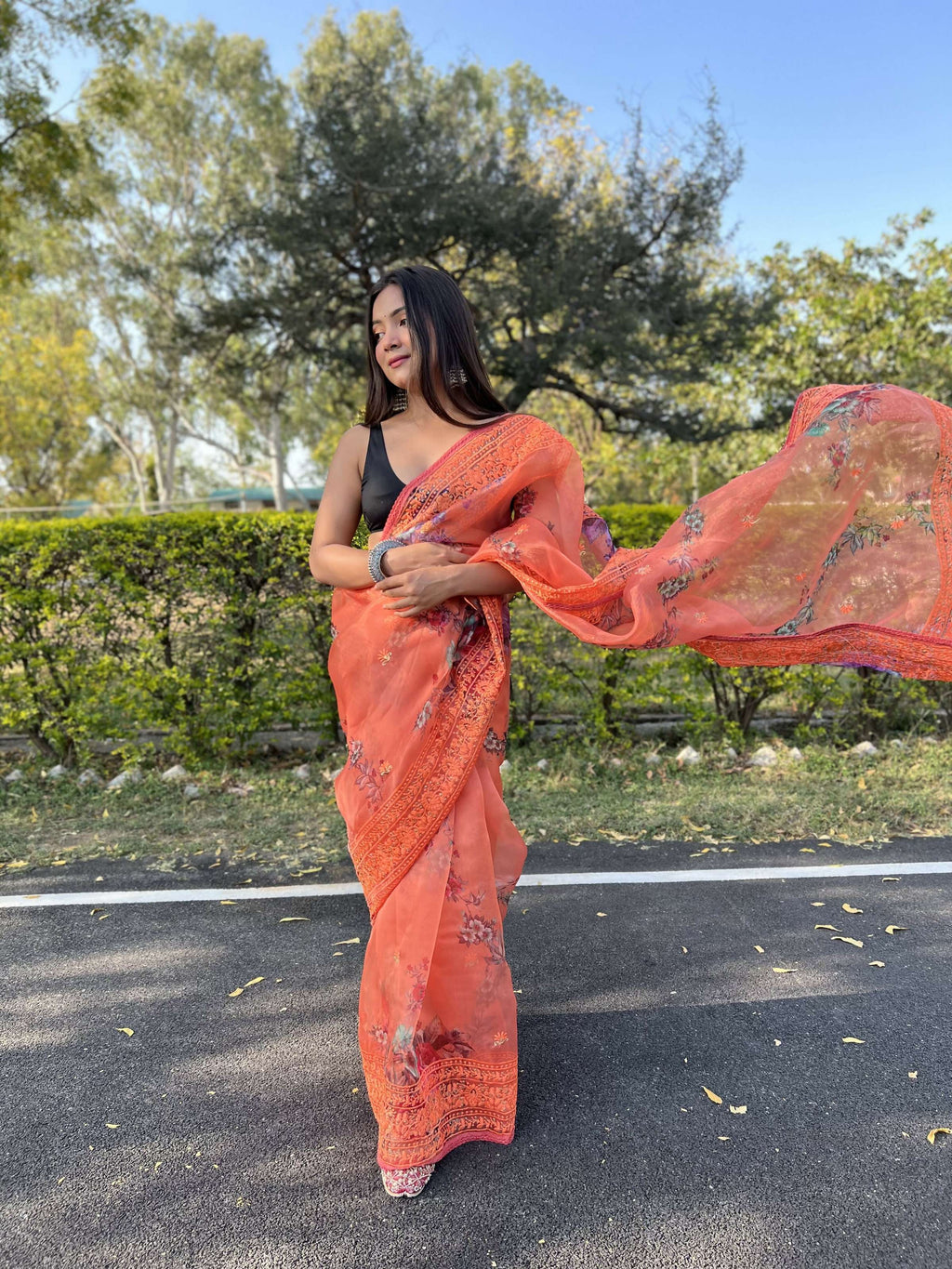 Vamsee Vidhi 1 Orange Organza Saree