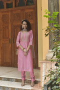 Pink Chinon Embroidered Kurta and Bottom with Dupatta - Akashara