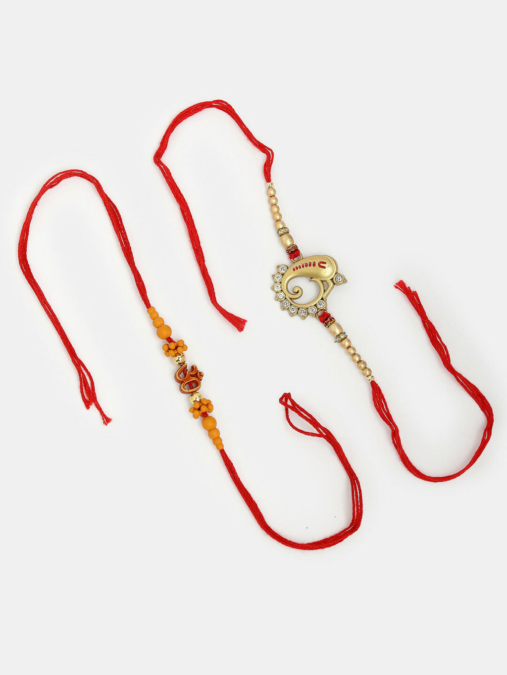 NVR Men Set of 2 Gold-Toned Ganesha Stone-Studded Rakhi With Roli Chawal & Chocolate