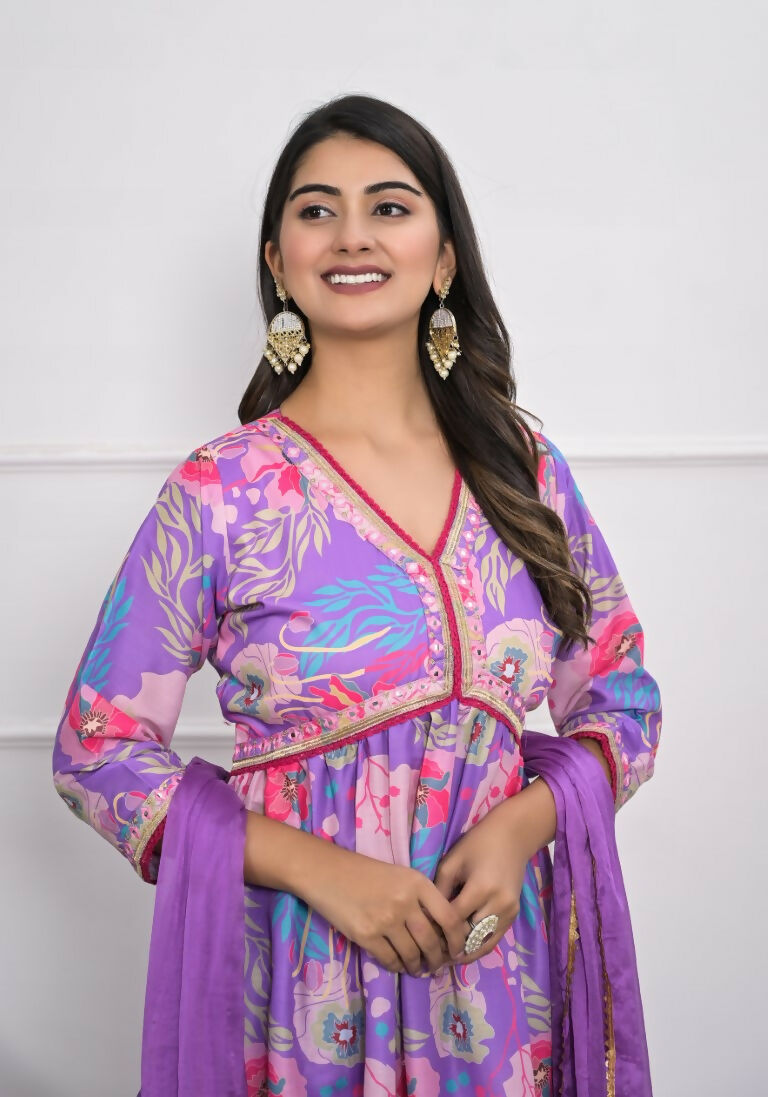 Lavender Muslin silk Embroidery with Thread and sequence Stitched Suit With Dupatta - Tanisha