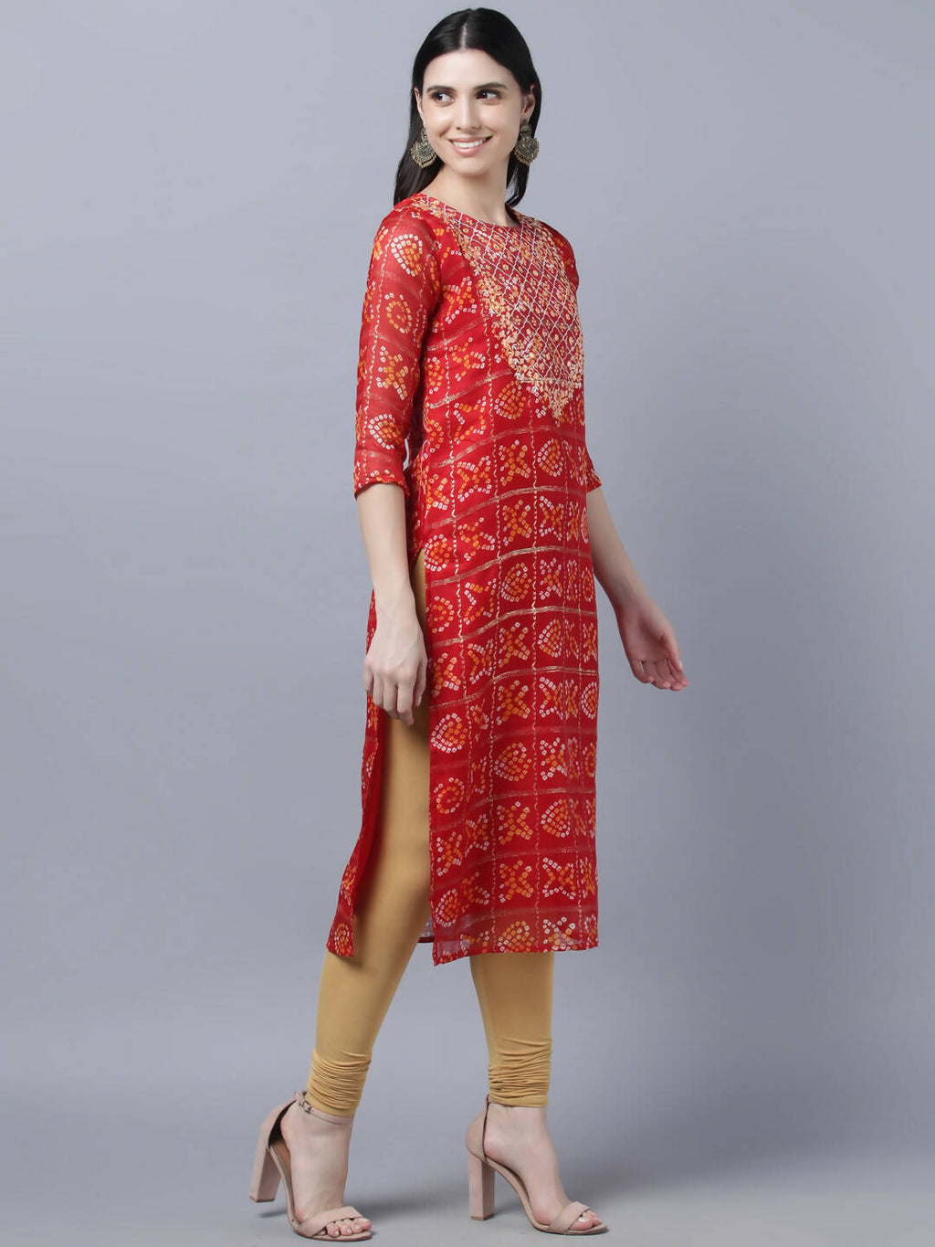 Myshka Women Red Yellow Bandhani Printed Mirror Work Kurta