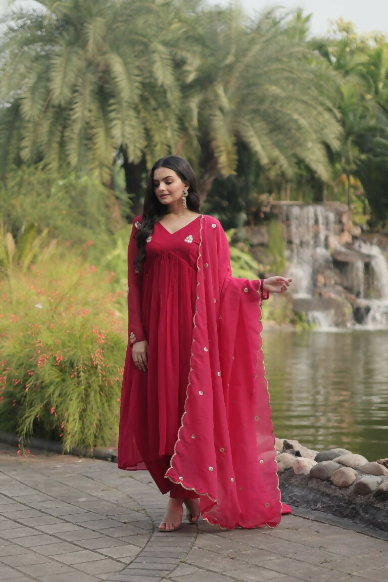 Jyoti Fashion Women's Pink Faux Blooming Embroidered Kurta with Trouser & Dupatta