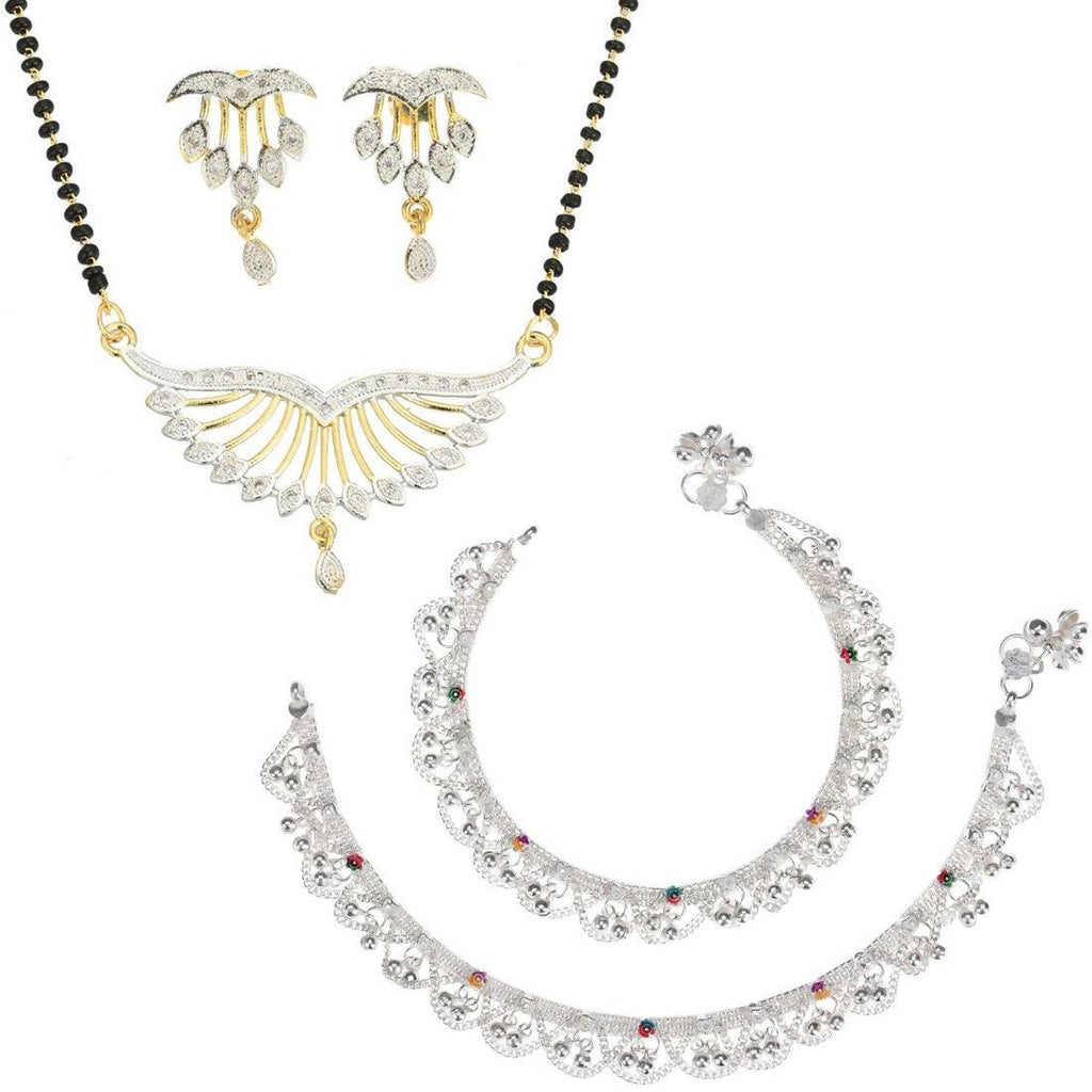 AanyaCentric Gold-Polished Mangalsutra Pendant Earring Set & Silver Plated Anklet