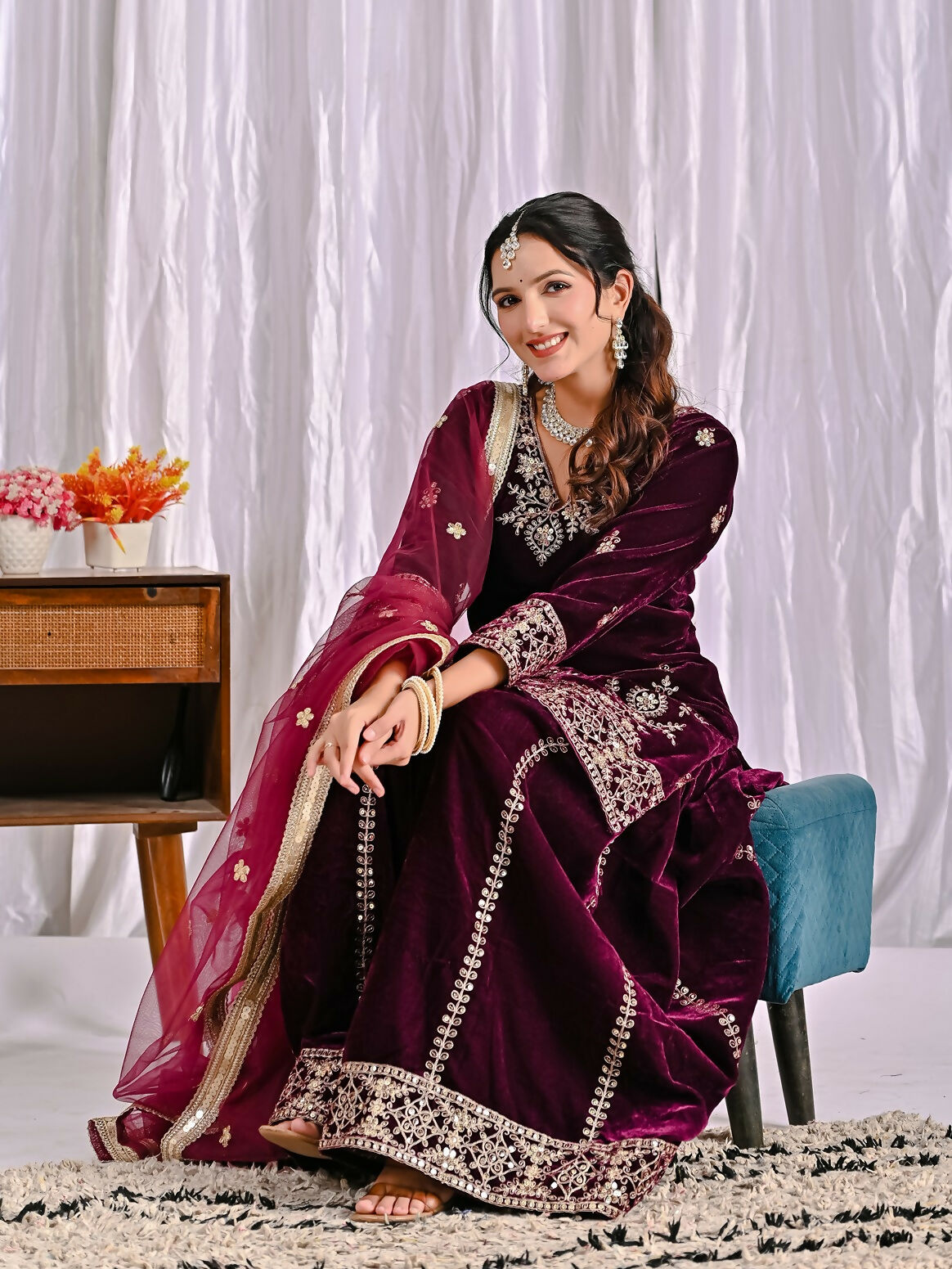 Joban Fashion Wine Velvet Sequence Embroidery Work Kurta Set