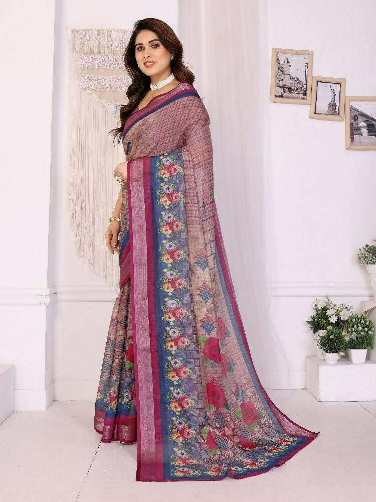 PR Fashion Purple Handloom Linen Cotton Zari Saree