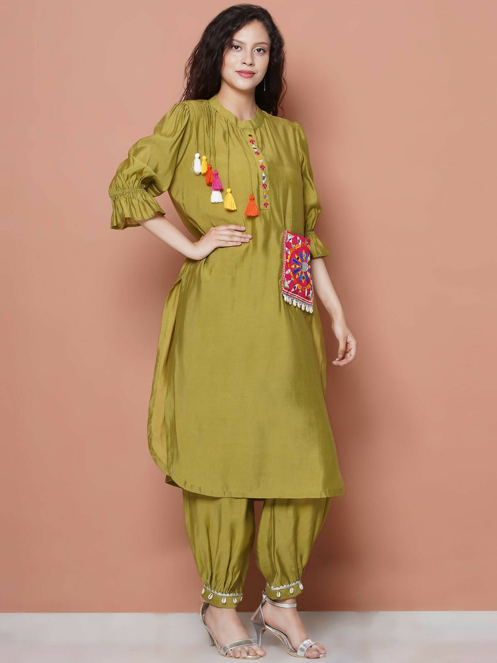 Women Republic Green Art Silk Embroidered Kurta with Afghani Salwar