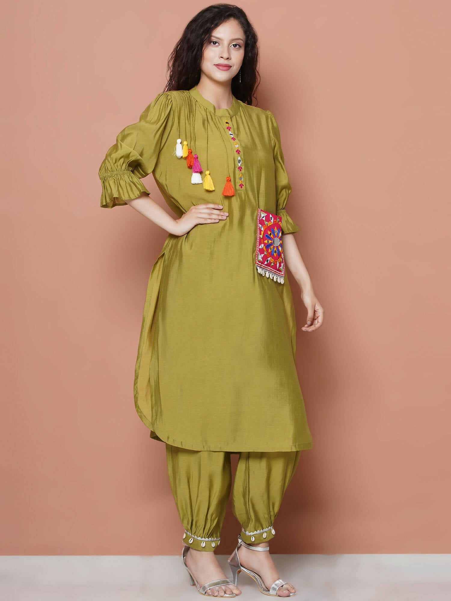Women Republic Green Art Silk Embroidered Kurta with Afghani Salwar