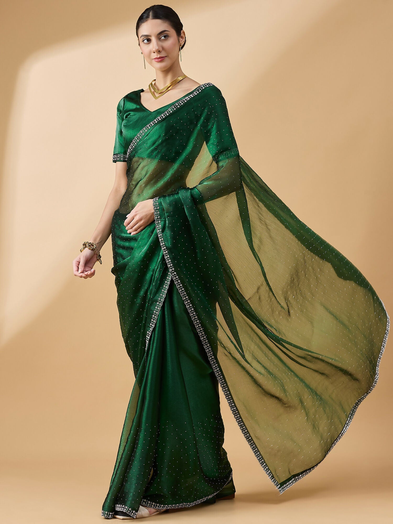 Green Organza Swaroski Diamond Work Saree with Unstitched Blouse - Radha