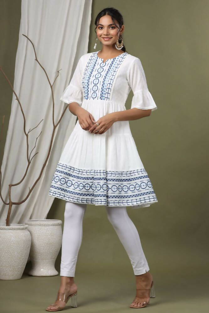 Juniper White Cotton Dobby Festive Embroidered Tiered Dress For Women