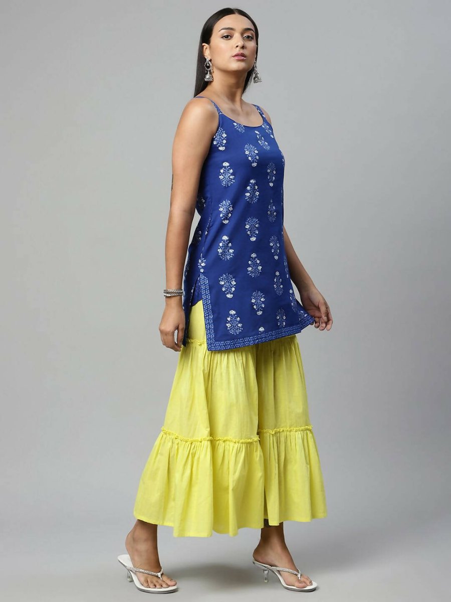 Ahalyaa Womens Royal Blue Pure Cotton Printed Tunic Sharara Set