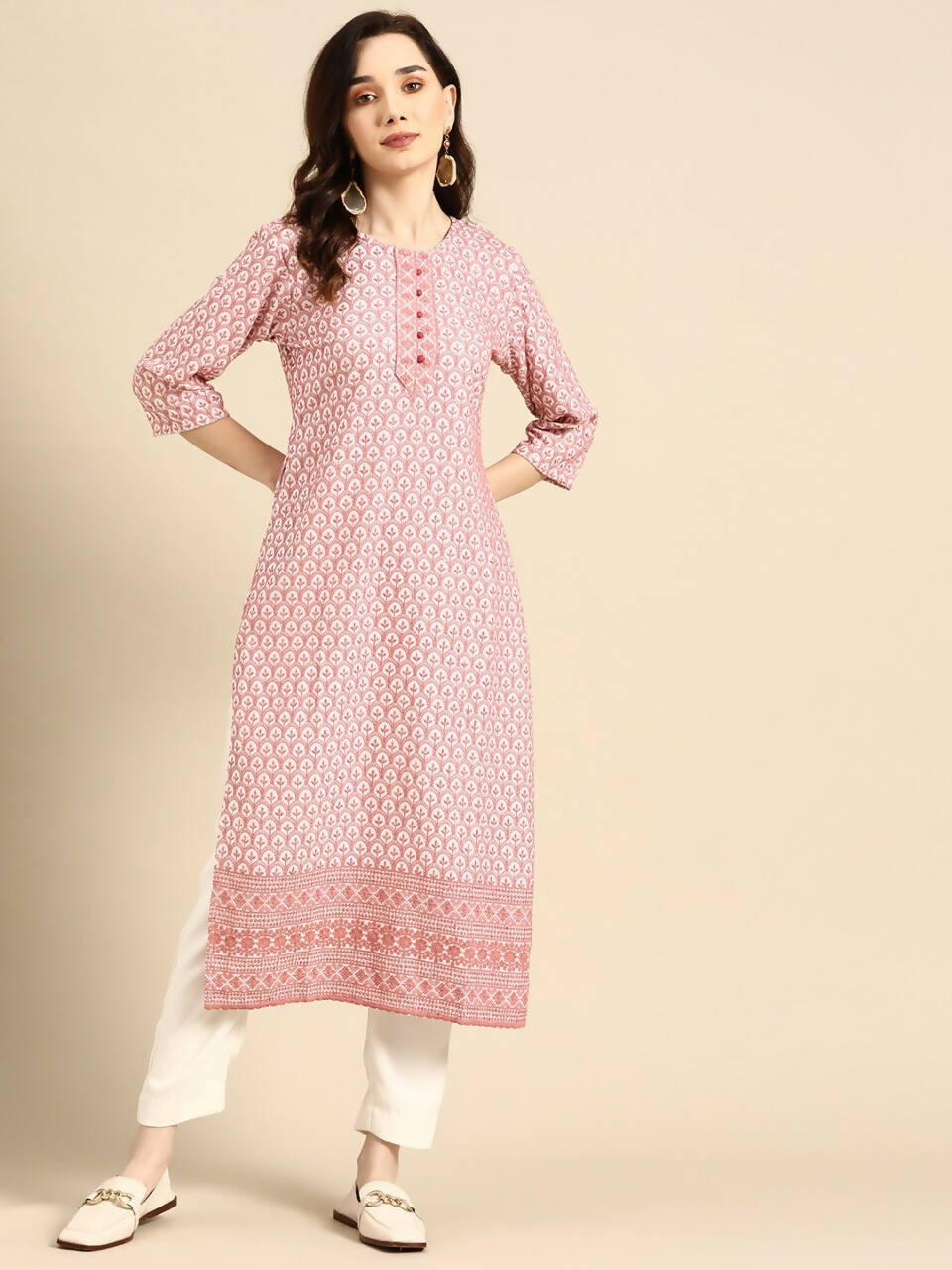 Deeps women's Pink Embroidered Rayon Kurta