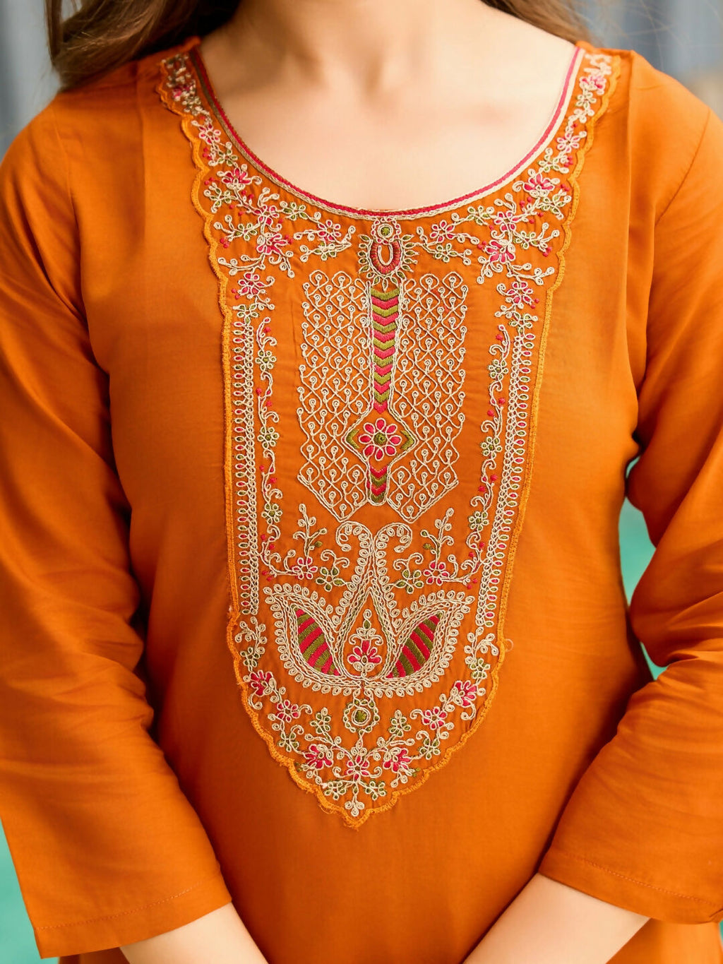 The52 Rust Women's Gorgeous Embroidered work Rayon Fabric Straight Kurta, Pant and Dupatta Set