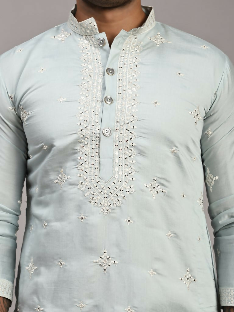 Light Blue Silk Designer Embroidery Work Men's Rajwadi Kurta Set - Mahotsav