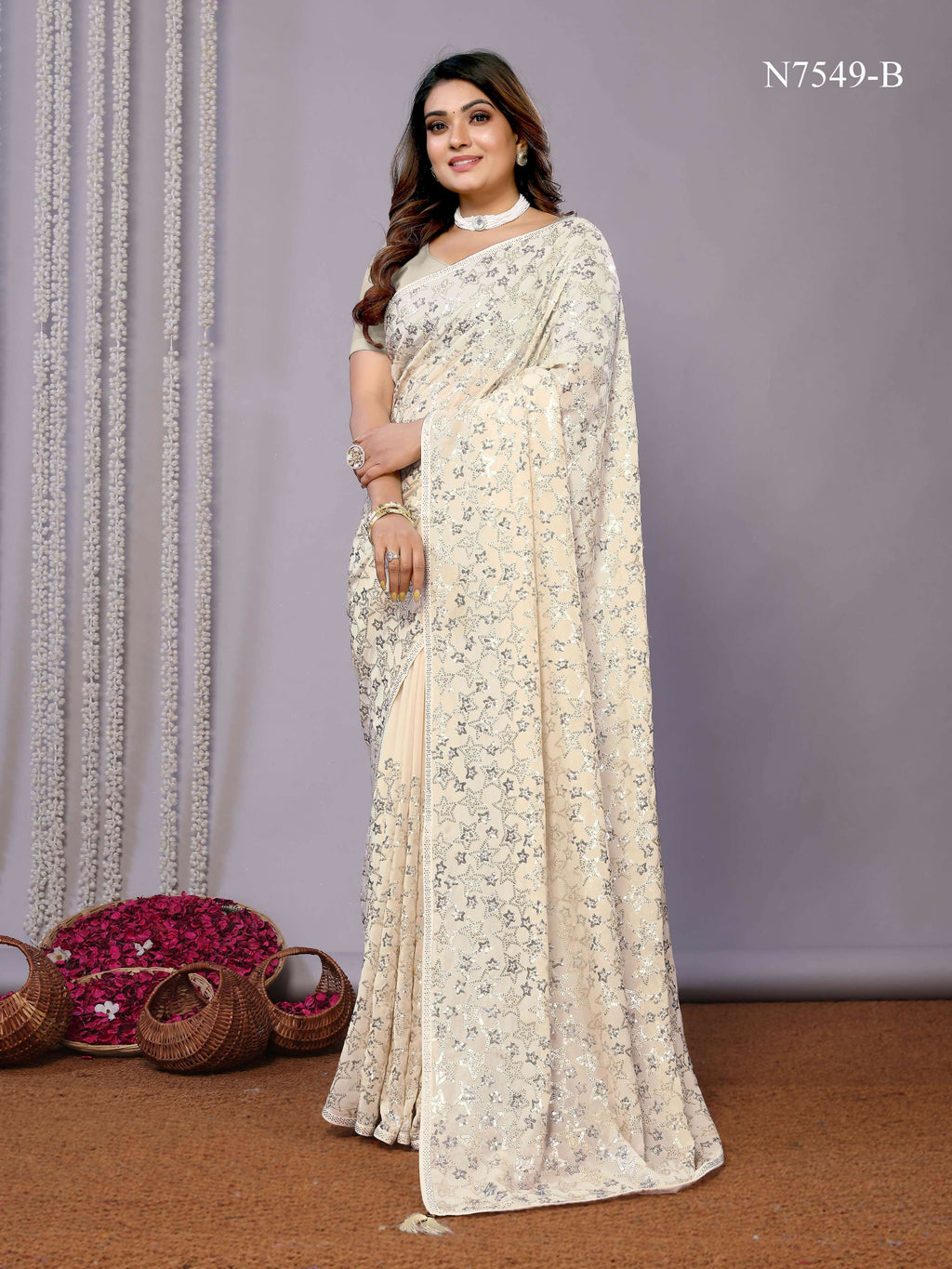 White Pure Georgette Embroidered Saree With Stitched Blouse - Nimaya Kaksha