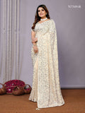 White Pure Georgette Embroidered Saree With Stitched Blouse - Nimaya Kaksha