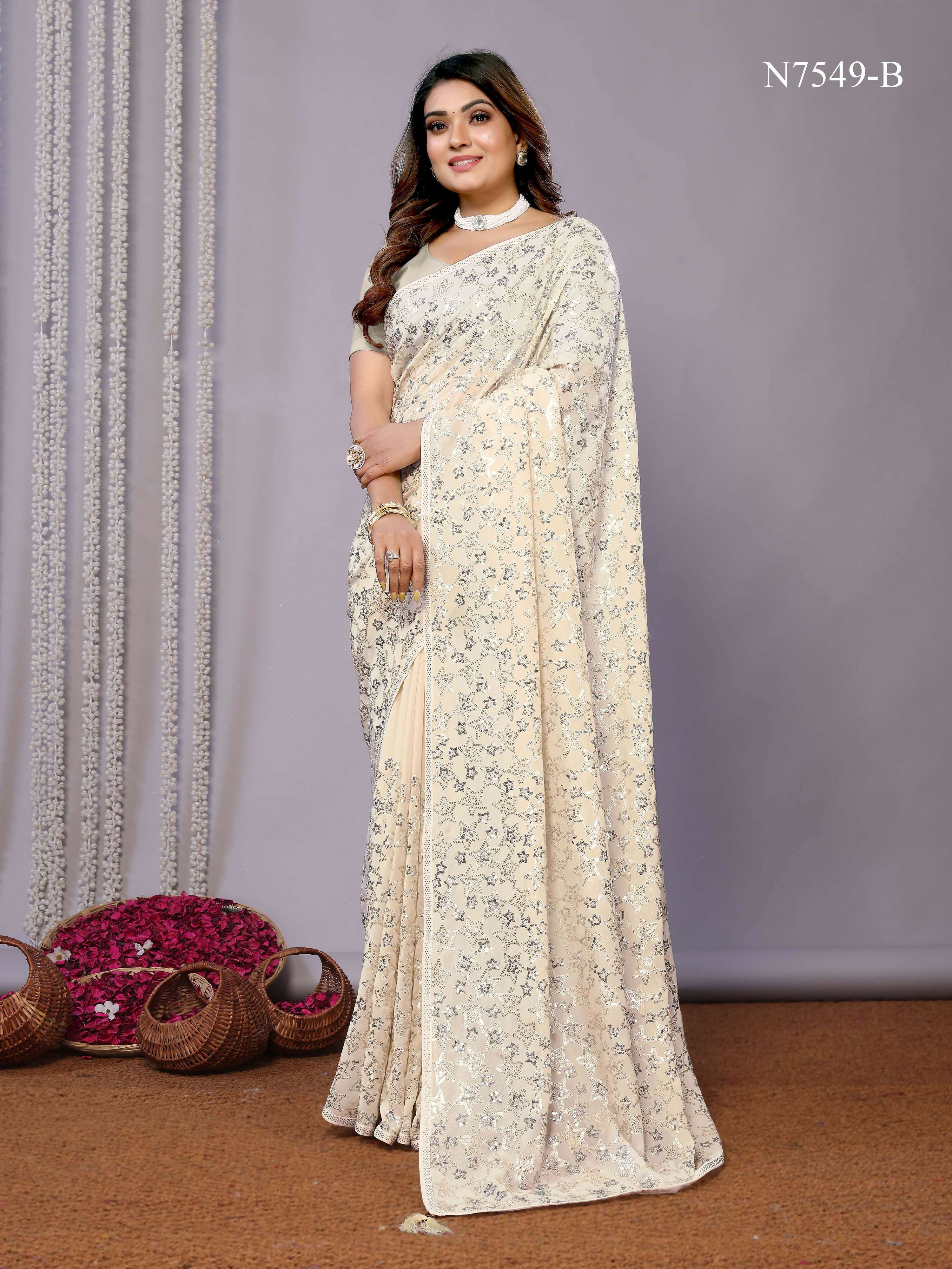 White Pure Georgette Embroidered Saree With Stitched Blouse - Nimaya Kaksha