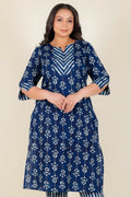 Aramya Blue Soft Cotton Floral Straight Kurta for Women