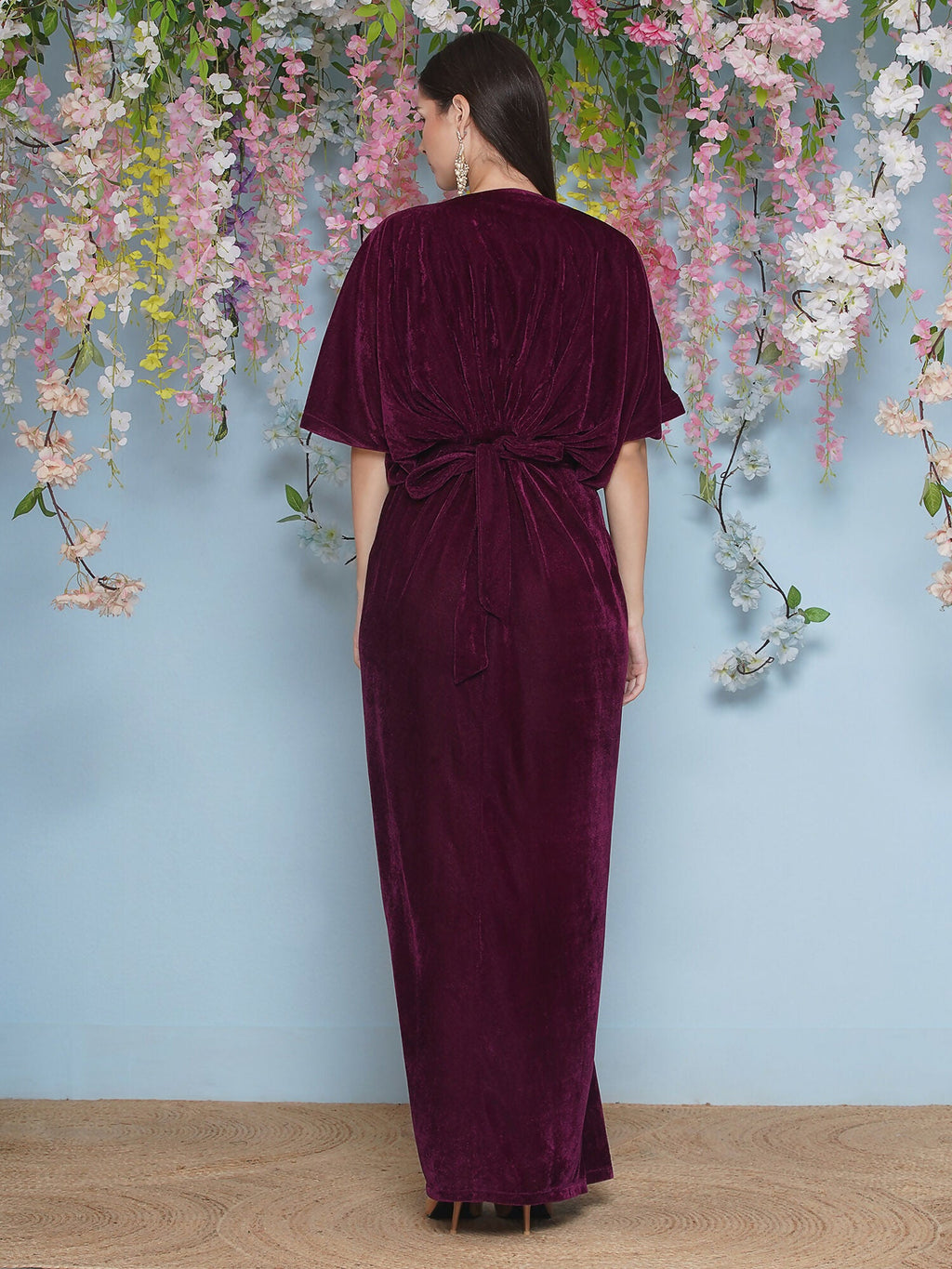 Joban Fashion Wine Hand Embellished Velvet Gown With Belt
