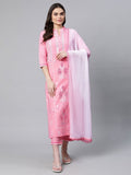 Ahalyaa Women Light Pink Colour Pure Cotton Printed Kurta Pant Set With Dupatta