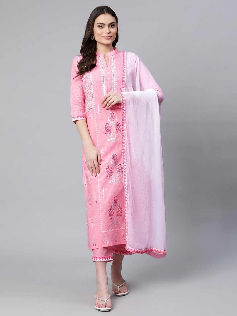 Ahalyaa Women Light Pink Colour Pure Cotton Printed Kurta Pant Set With Dupatta