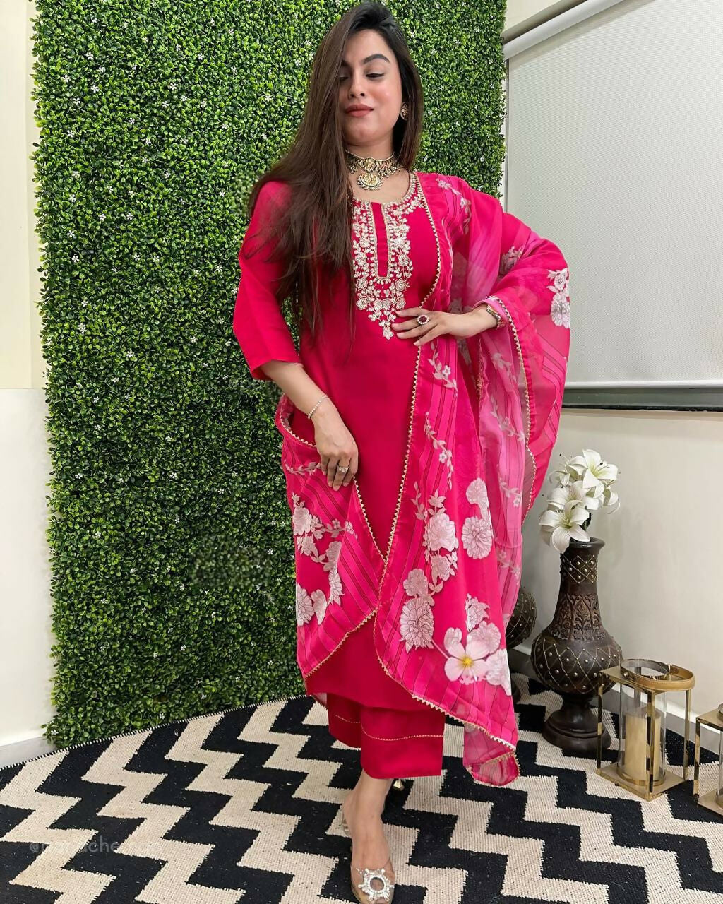 The52 Rani Women's Beautiful Viscose Chanderi Fabric Embroidered Work Straight Kurta Pant and Dupatta Set