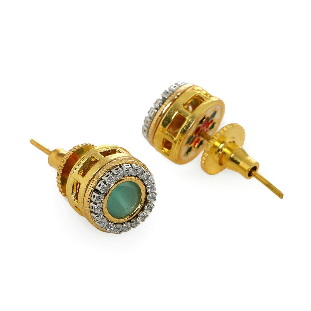 Green Round Daimond and Stone Studs (Green) - Ruby Raang