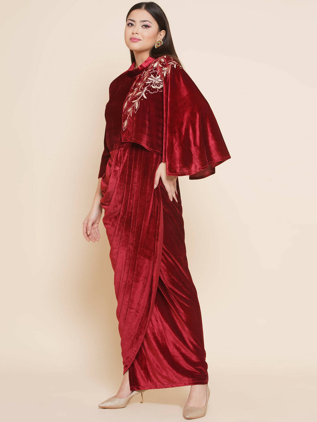 Women Republic Maroon Velvet Drape Styel Gown