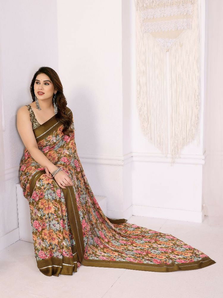 PR Fashion Cream Bright Moss Satin Patta Printed Saree
