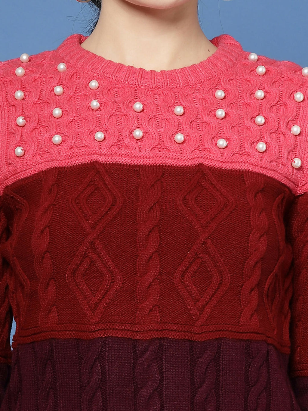 Women Color Block Marron Acrylic Winter Sweater - Wool Trees