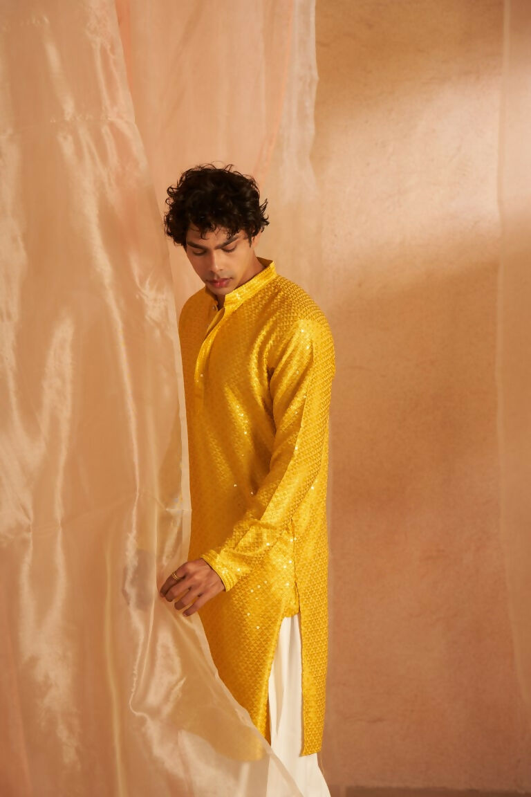Yellow Viscose Chikankari Embroidery Work Men's Traditional Kurta Set - Mahotsav