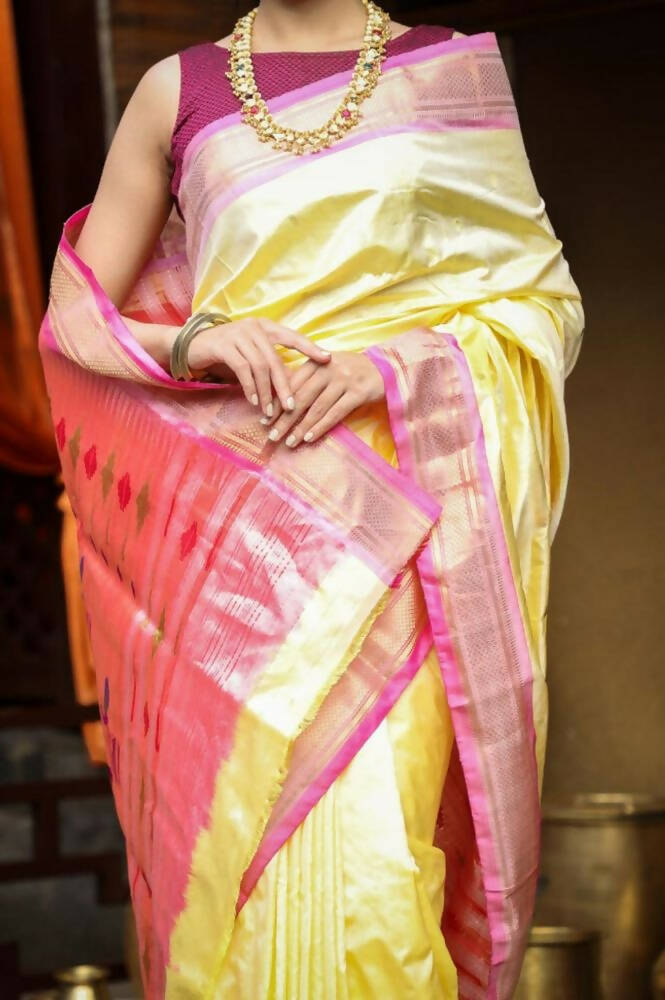 Very Much Indian Handloom Pure Silk Paithani Pastel Light Yellow