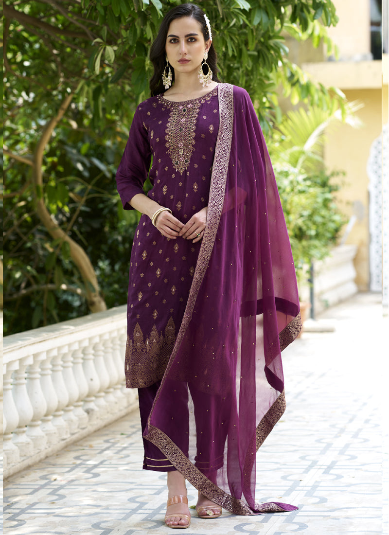 Vegaa Fashion Violet Viscose Rayon Embroidered Salwar Suit