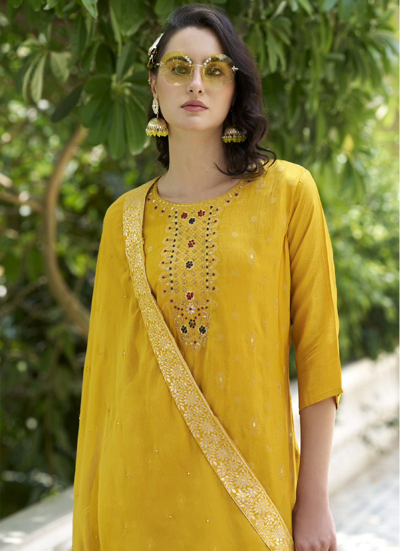 Vegaa Fashion Yellow Viscose Rayon Embroidered Salwar Suit