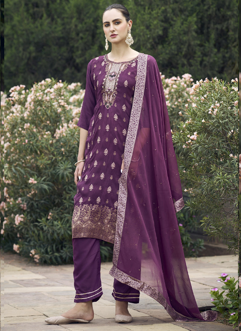 Vegaa Fashion Wine Viscose Rayon Embroidered Salwar Suit
