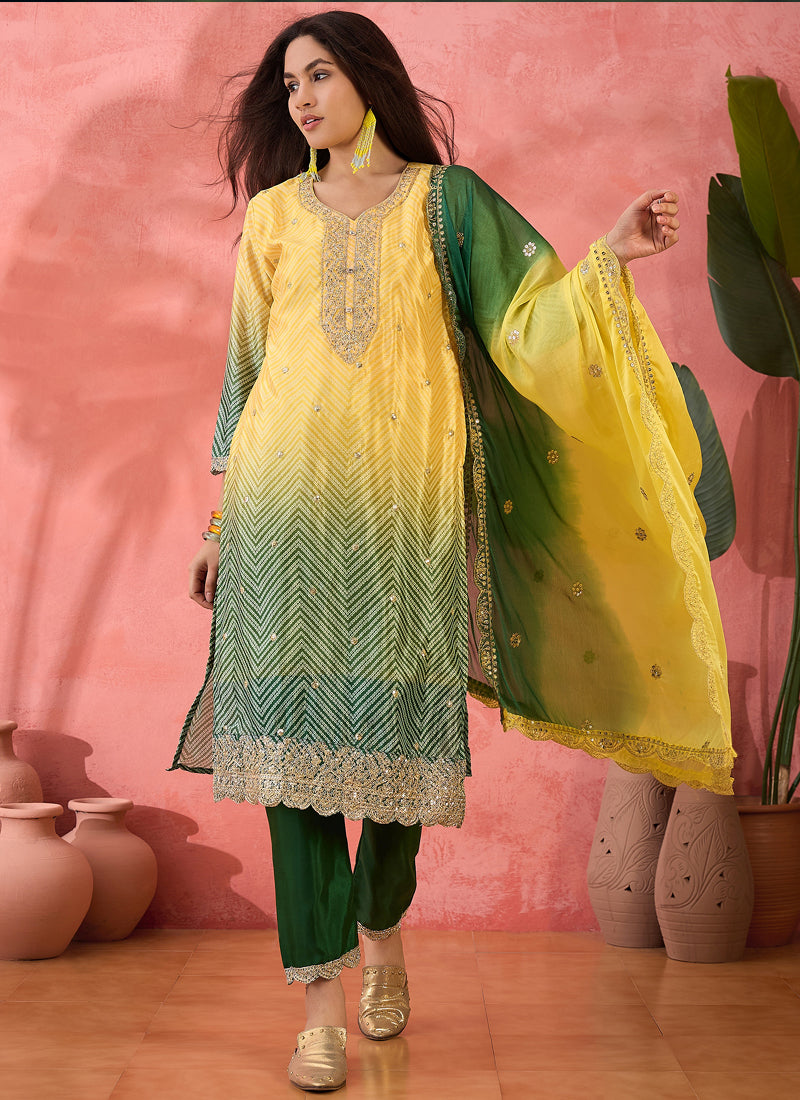 Vegaa Fashion Yellow Chinon Silk Embroidered Salwar Suit