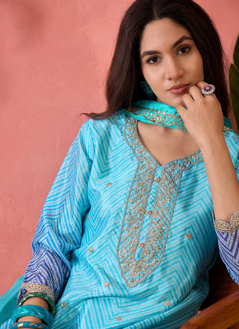 Vegaa Fashion Sky Blue Chinon Silk Embroidered Salwar Suit