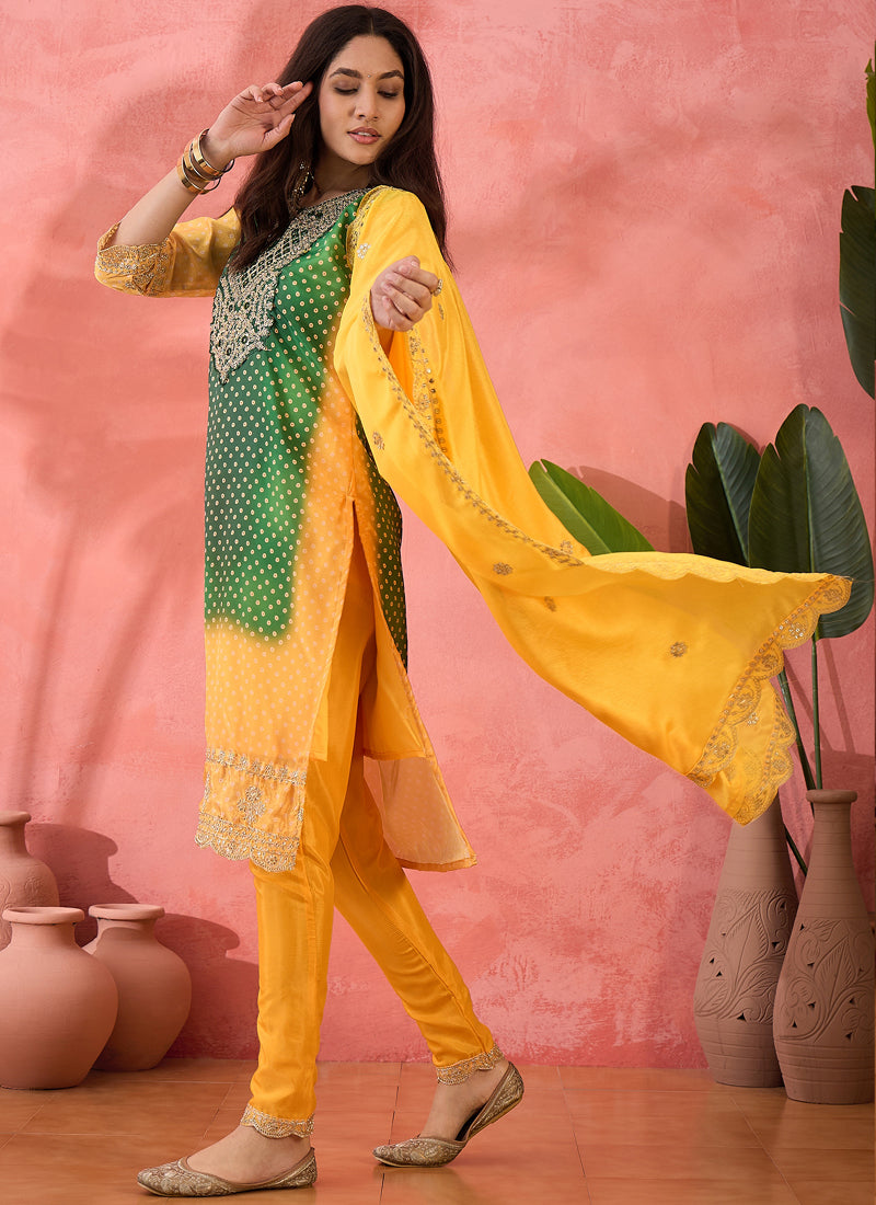 Vegaa Fashion Green And Yellow Chinon Silk Embroidered Salwar Suit