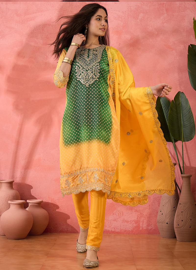 Vegaa Fashion Green And Yellow Chinon Silk Embroidered Salwar Suit