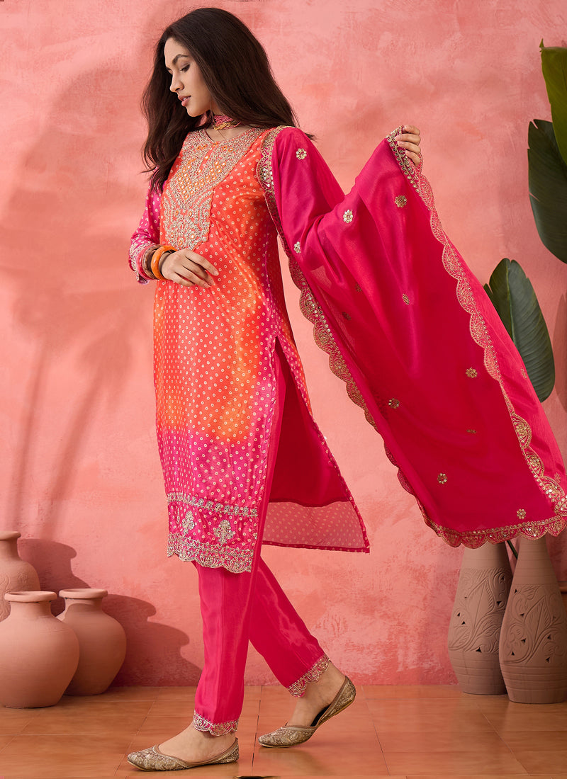 Vegaa Fashion Pink And Orange Chinon Silk Embroidered Salwar Suit