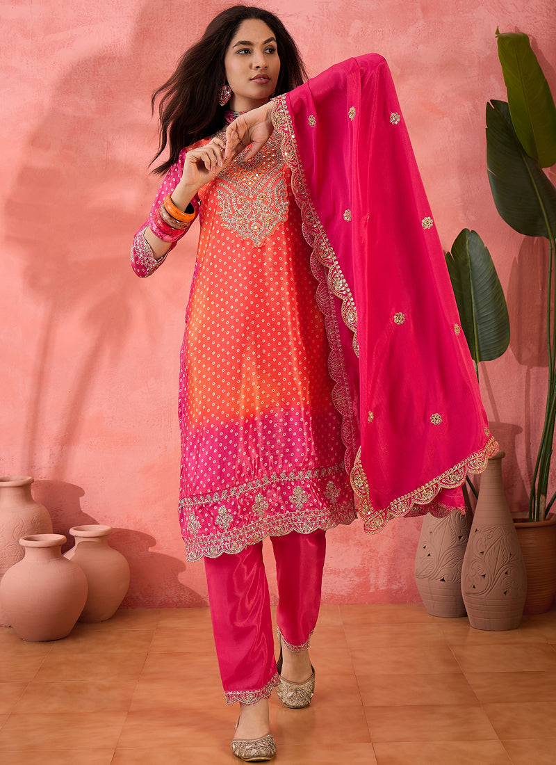 Vegaa Fashion Pink And Orange Chinon Silk Embroidered Salwar Suit