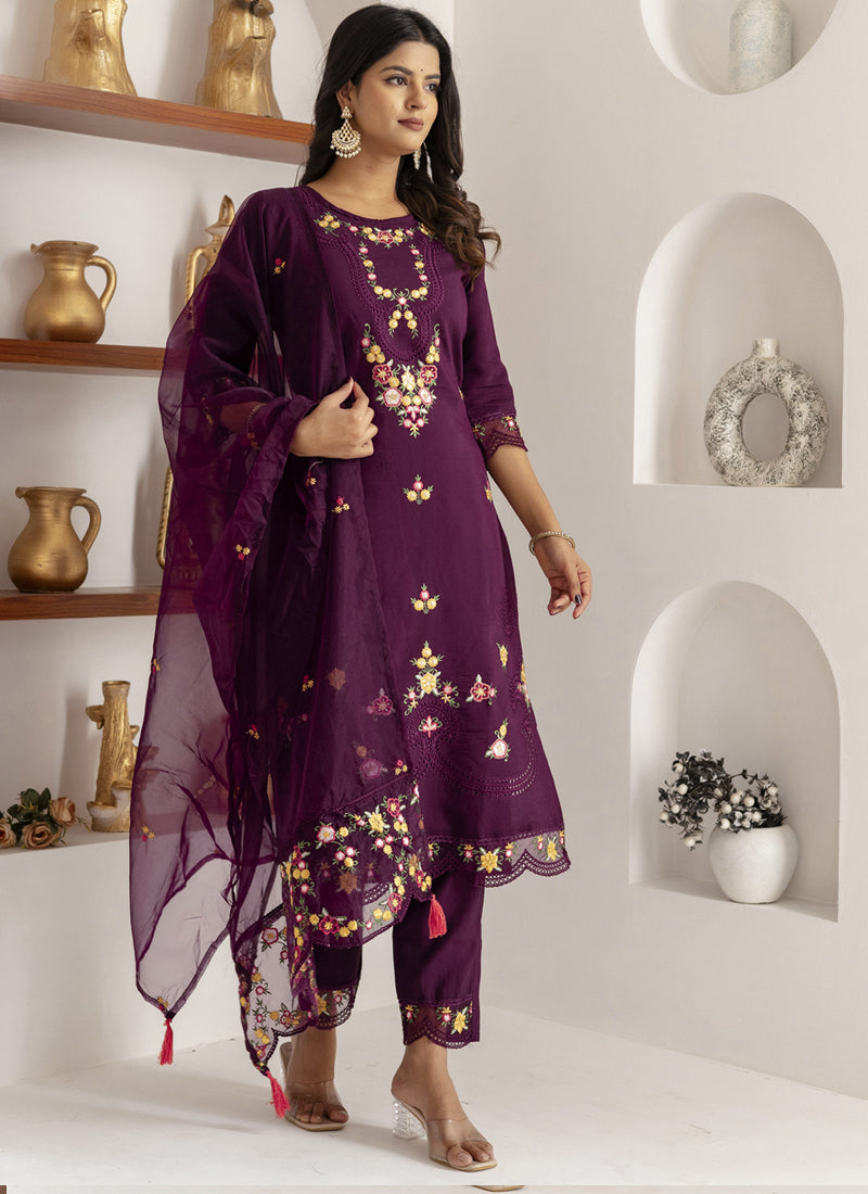 Vegaa Fashion Wine Viscose Silk Embroidered Salwar Suit