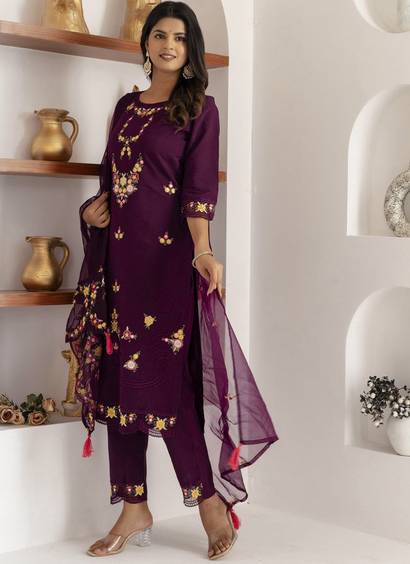 Vegaa Fashion Wine Viscose Silk Embroidered Salwar Suit