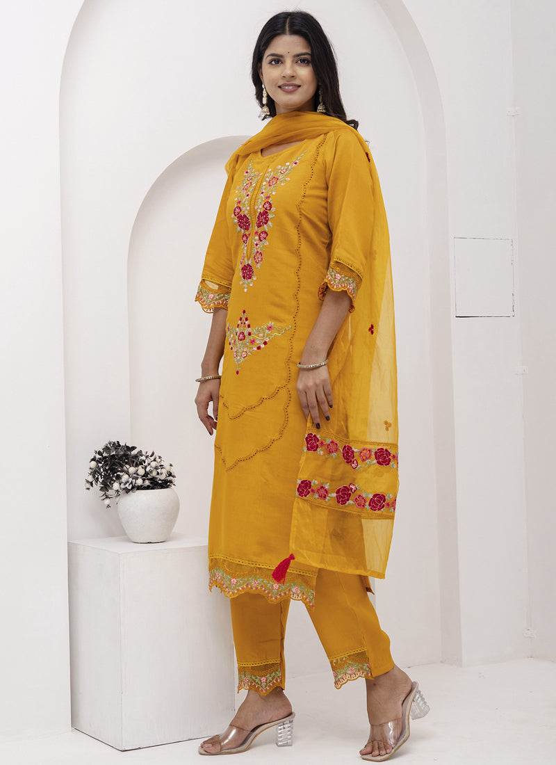 Vegaa Fashion Yellow Viscose Silk Embroidered Salwar Suit