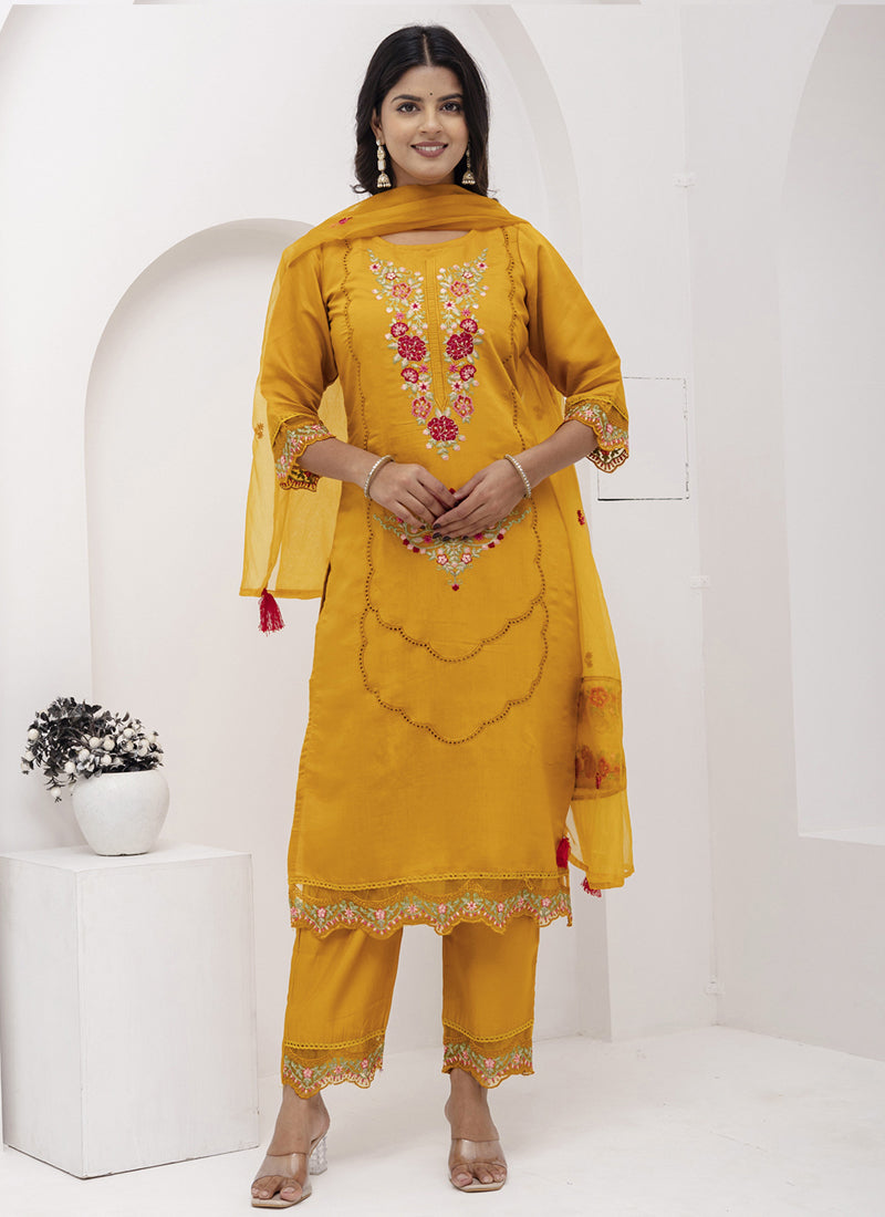 Vegaa Fashion Yellow Viscose Silk Embroidered Salwar Suit