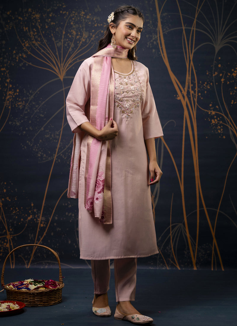 Vegaa Fashion Baby Pink Shimmer Silk Embroidered Salwar Suit