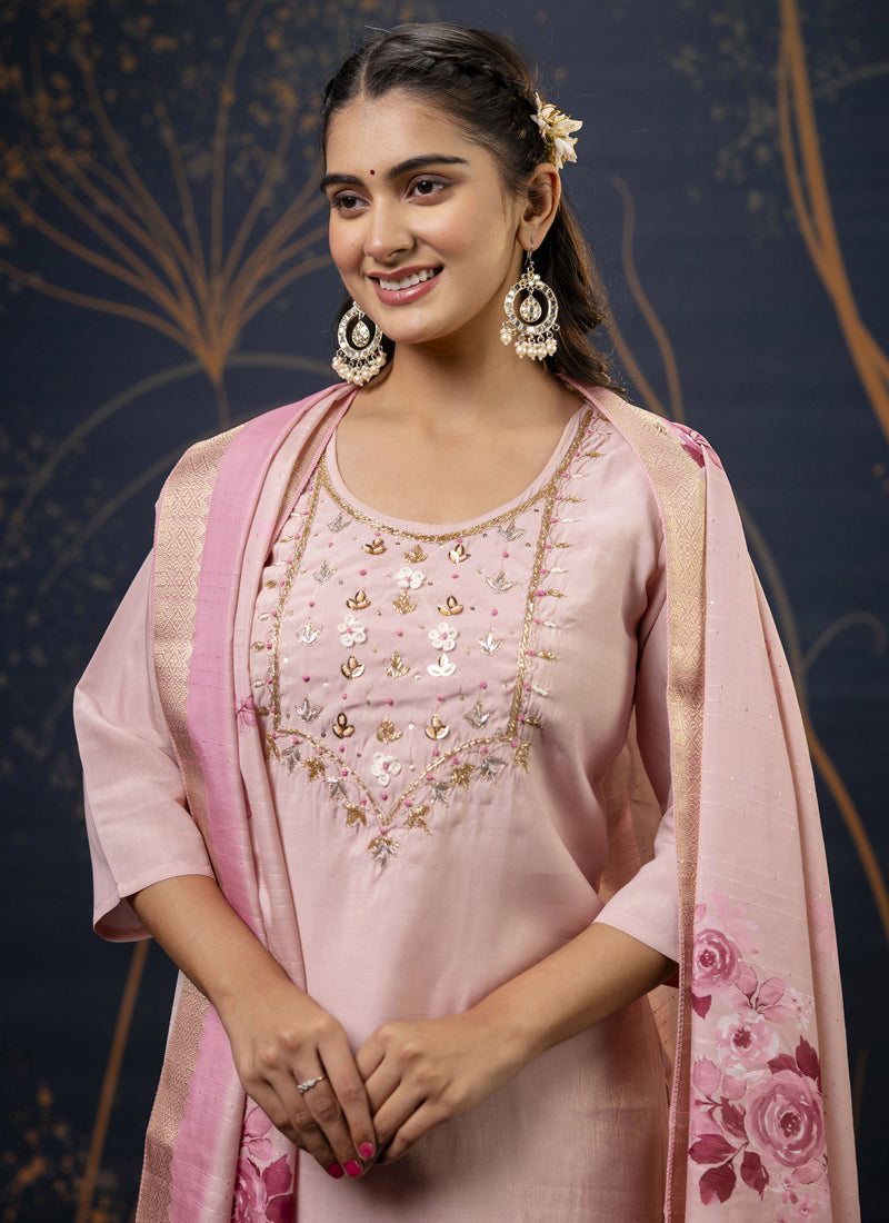 Vegaa Fashion Baby Pink Shimmer Silk Embroidered Salwar Suit