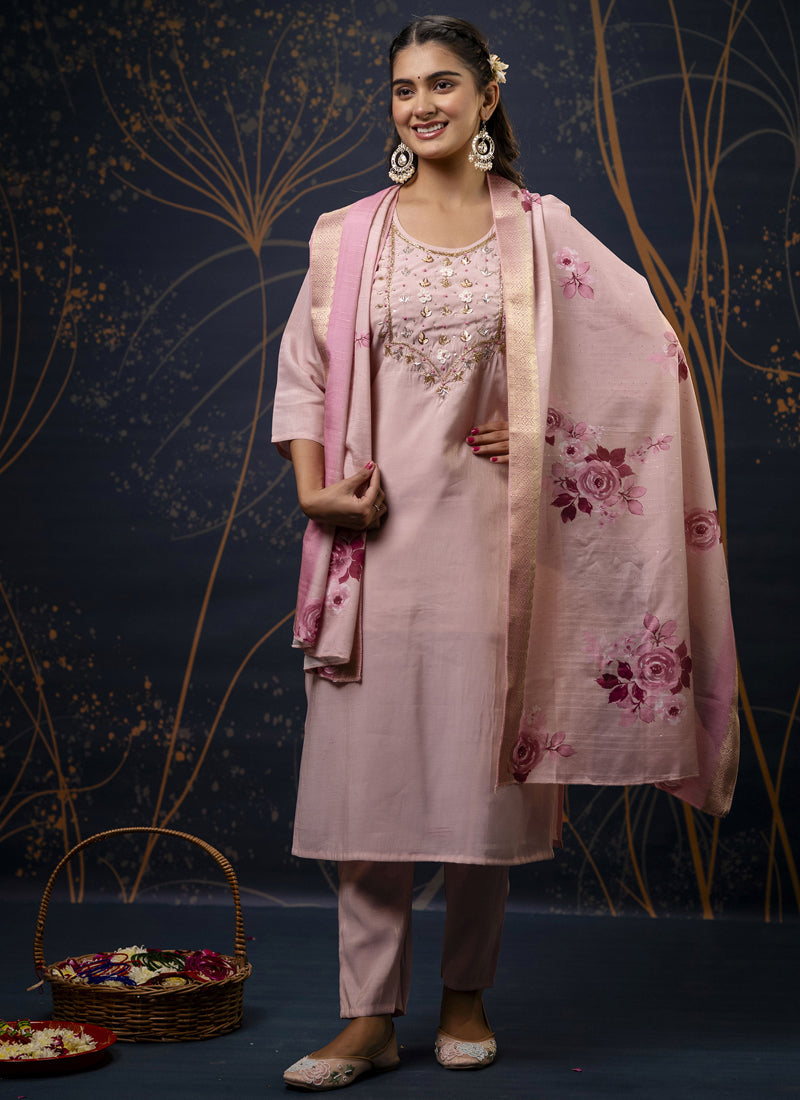 Vegaa Fashion Baby Pink Shimmer Silk Embroidered Salwar Suit