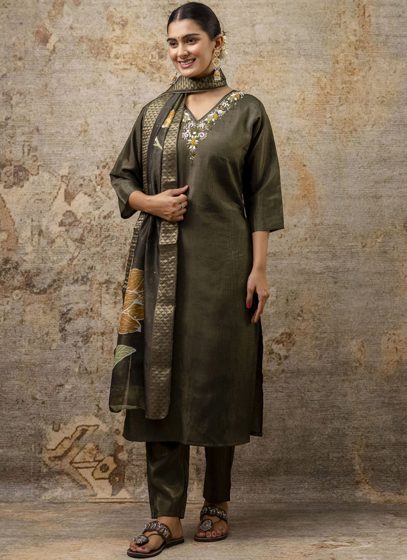 Vegaa Fashion Dark Mehendi Shimmer Silk Embroidered Salwar Suit