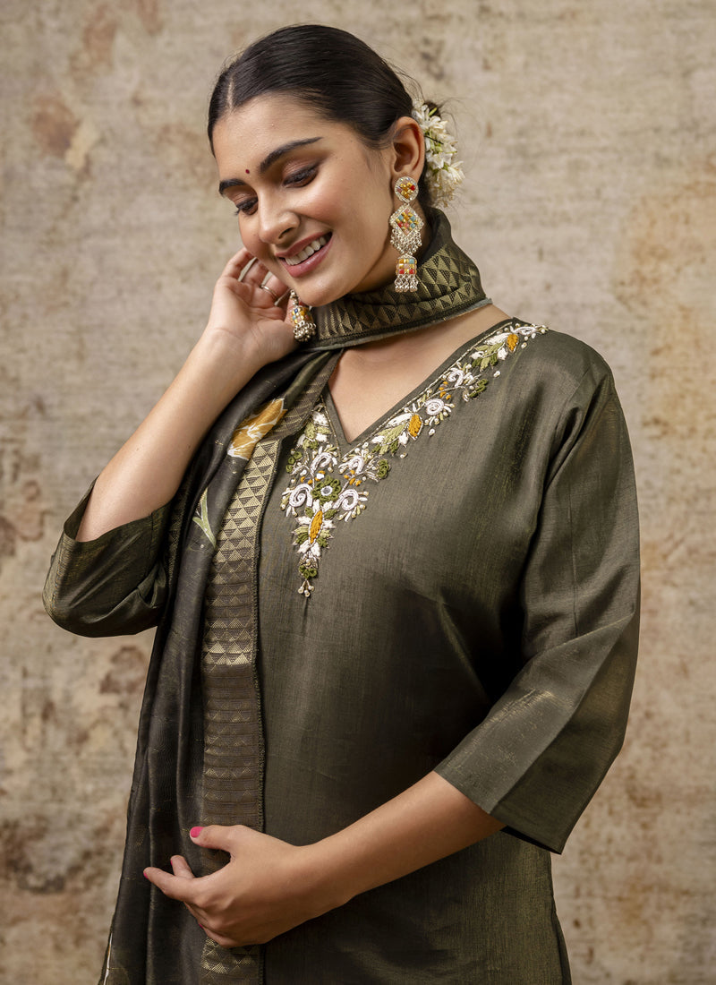 Vegaa Fashion Dark Mehendi Shimmer Silk Embroidered Salwar Suit